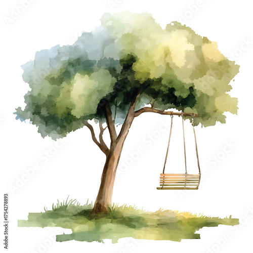 Watercolor painting of a tree with a swing on a white watercolor illutrastion transparent background