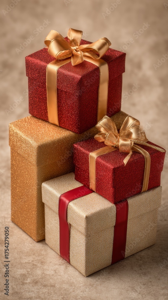 Obraz premium Festive gift boxes wrapped in red and gold