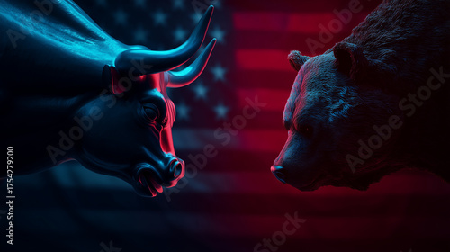 Bull and Bear Face Off on US Flag Financial Market Concept 2024