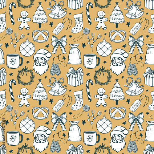 Seamless Christmas pattern with Santa, gifts, candy canes,, bows, bells, wreaths, and gingerbread cookies. Festive design perfect for wrapping paper, coloring pages, textiles, packaging, stationery.