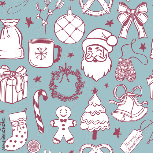 Seamless Christmas pattern with Santa, gifts, candy canes,, bows, bells, wreaths, and gingerbread cookies. Festive design perfect for wrapping paper, coloring pages, textiles, packaging, stationery.
