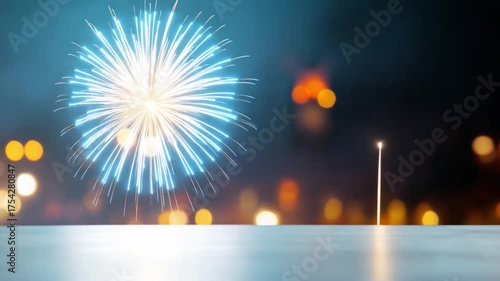 Fireworks Celebration over City: A radiant display of fireworks bursts brightly above a cityscape, the colorful explosions illuminating the night sky and celebrating a special occasion. 