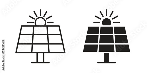Solar panel icon set in flat and line style vectors