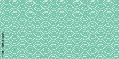 Japanese Wave Pattern On Mint Green Background. Traditional Seigaiha Seamless Patten Repeat For Fabric, textiles, Home Décor, Wallpaper.