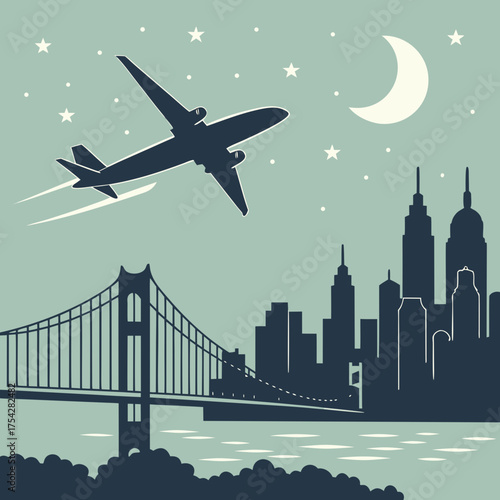 Vector art of airplane flying over the city