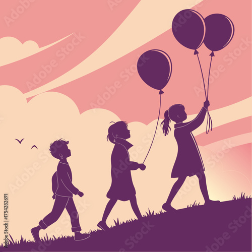 Vector art of children walking with balloons