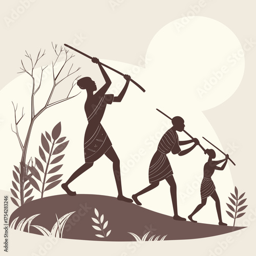 Vector art of hunter family in the savannah