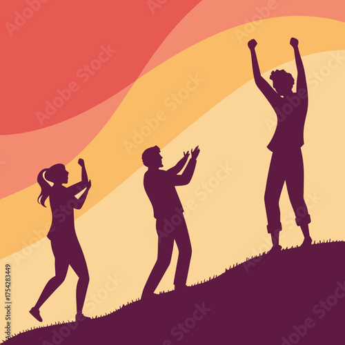 Vector art of people reach the top of hill