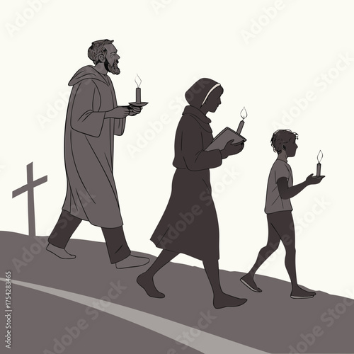 Vector art of pilgrims walking with candles