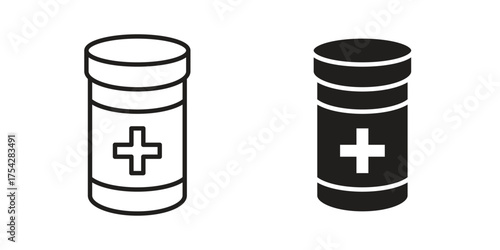 Prescription bottle icon set in flat and line style vectors