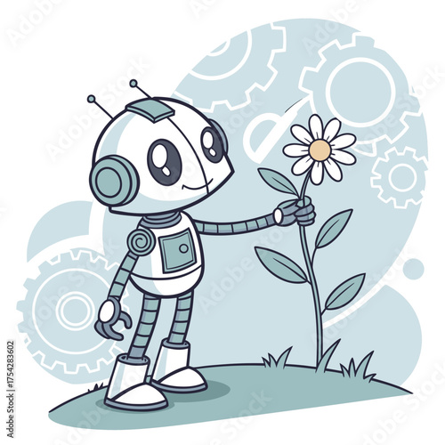 Vector art of robot smells a flower in nature