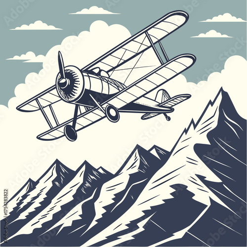 Vector art of vintage airplane over mountains
