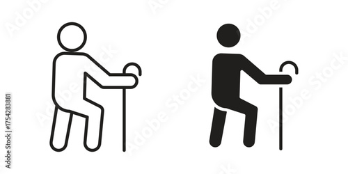Person walking with cane icon set in flat and line style vectors