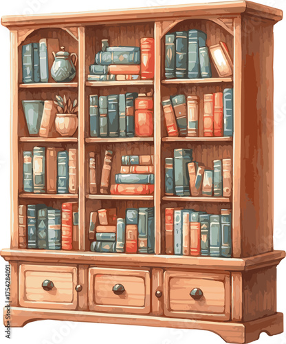 Vector watercolor painted illustration of a bookshelf