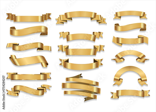 Set of decorative gold ribbon banners isolated on white, gold Bow With Ribbons Set stock illustration 