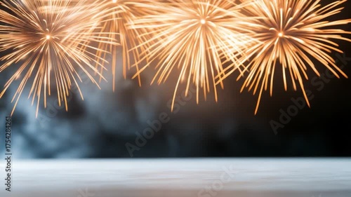 Celebratory Fireworks Display: Witness the spectacle of fireworks erupting in the night sky, their vibrant bursts illuminating a hazy backdrop and a subtle foreground.
