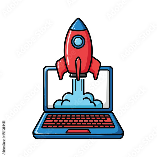 Rocket Launching from Laptop Screen Startup, Technology, Innovation, Business Growth
