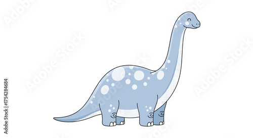A cute cartoon illustration of a light blue long-necked dinosaur with white spots on its body and tail, standing on a white background.