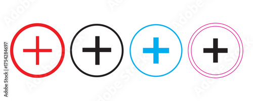 Plus Sign Vector Icon Set. Minimalist Add Symbol for Medical, Math, and Interface Design. Colorful Plus icon set in circle. Set of Medical cross icon in circle isolated on white Background.