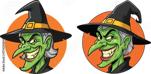 Spooky cartoon witch faces halloween characters mischievous grins pointy hats green skin creepy holiday fun