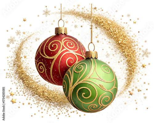 Christmas balls with golden glitter on white background