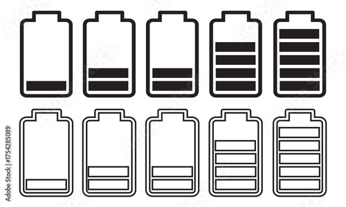 Battery icon set with full and low charge sign. Set of Charge Battery Vector Icon symbol. warning sign for power, electricity, and technology Design. Battery Charge symbol Collection