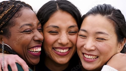 Three diverse women closely embrace, laughing joyously, eyes closed, sharing happiness
