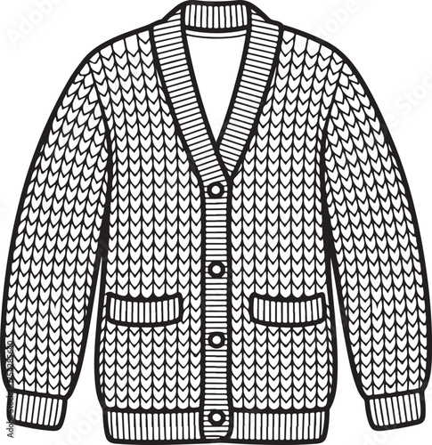 Line Drawing of a Buttoned Knitted Cardigan with Pockets