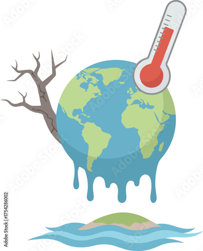Climate Change Vector Illustration – Melting Earth, Thermometer, and Dry Tree