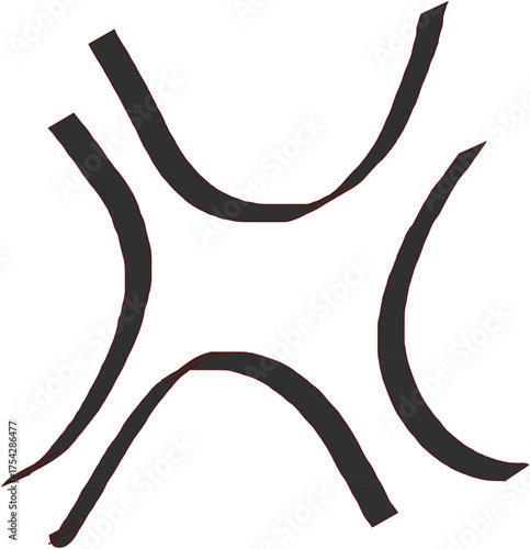 This image features a bold, abstract, graphic symbol composed of four pairs of thick, dark, curved lines. These lines are arranged symmetrically, converging towards a central, empty square space, 