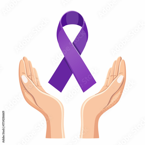 Hands Holding Purple Awareness Ribbon for Cancer and Disease Support