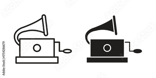 Gramophone icon set in flat and line style vectors