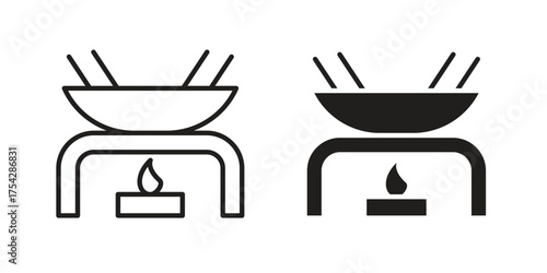 Fondue pot icon set in flat and line style vectors