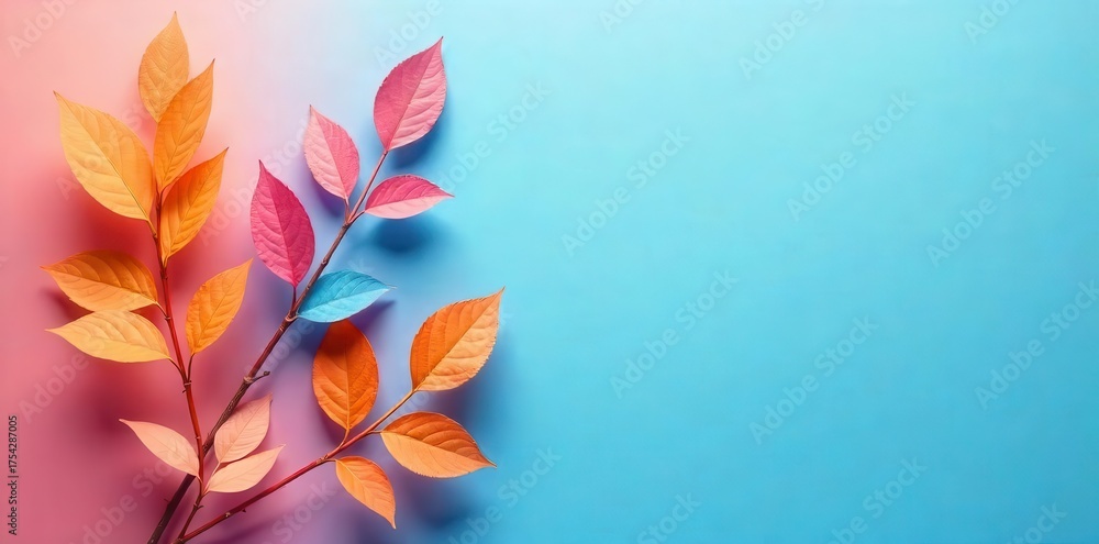 Fototapeta premium A vibrant artistic arrangement of multiple delicate leafy branches showcasing an enchanting spectrum of warm autumn-inspired hues and cool refreshing tones against a serene pastel backdrop