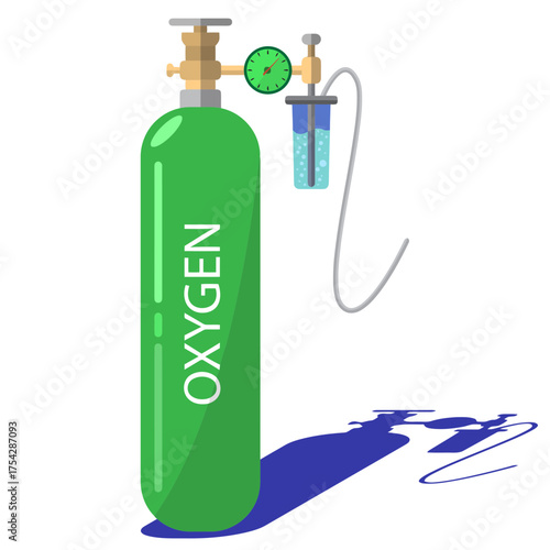 Illustration of a green oxygen tank with a gauge and humidifier attached on a white background setup