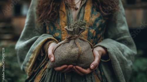 Woman Holding Burlap Bundle of Dried Herbs