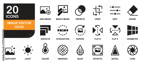 An icon pack illustrating modern photo editing tools. Designed in a clean flat style, ideal for UI/UX, apps, and digital design projects.
