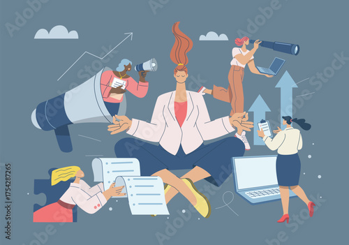Woman meditating in office, Stress relief and mental balance at work. Vector design illustration.