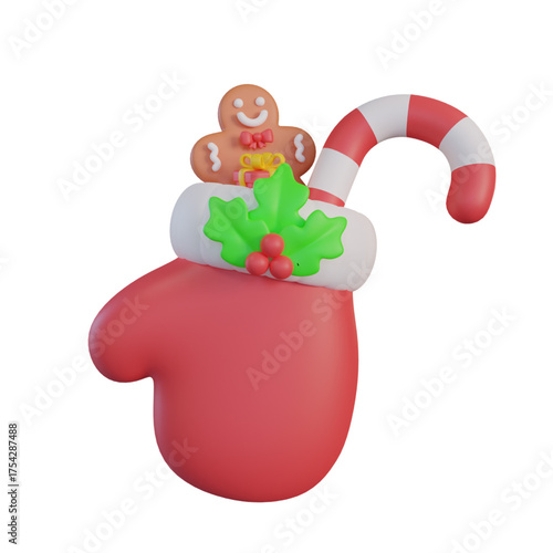 Festive Christmas Mitten Icon with Gingerbread Man, Candy Cane, and Holly Berries for Holiday Season Decorations and Designs