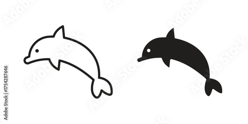 Dolphin icon set in flat and line style vectors