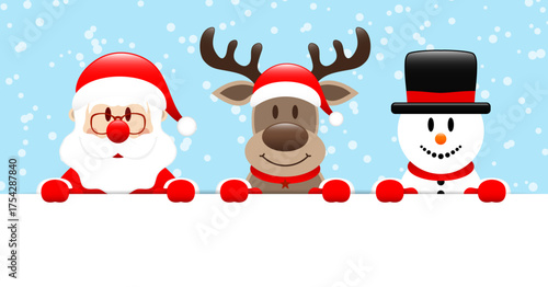 Weihnachtsmann Rentier Und Schneemann Horizontales Banner Schnee Hellblau