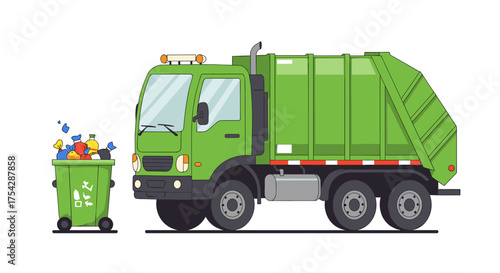 Green garbage truck collecting waste from a bin, illustration of waste management and recycling services for eco-friendly urban cleanup