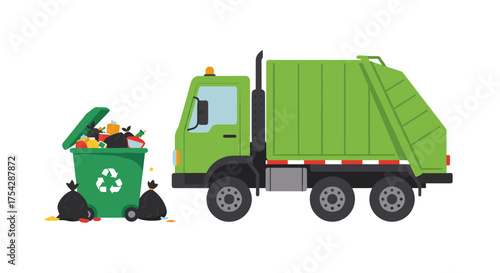 Green garbage truck collecting trash from a bin and bags, highlighting municipal services and waste management solutions