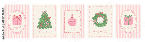 Merry Christmas vintage greeting card set. Xmas elegant design with hand drawn Christmas tree, bows, holiday wreath, gifts, and whimsical lines frames. Vector modern poster, background, cover, banner.