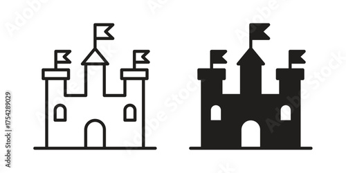 Castle icon set in flat and line style vectors