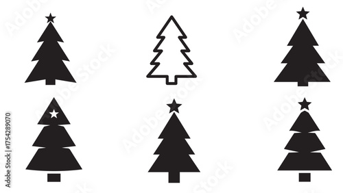 Minimal Negative-Space Christmas Tree Icon with Cut-Out Star in Bold Black Vector Design