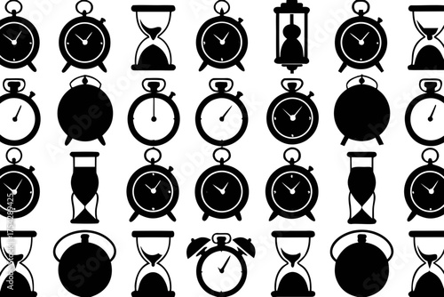 Vector illustration of a collection of various clock and hourglass designs, showcasing different styles of timekeeping devices in a repeating pattern