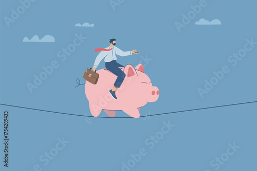 Flat vector illustration of an Investors ride piggy banks balanced on tight ropes, financial risk, savings uncertainty.
