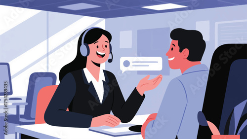 Illustration Of A Customer Service Representative With A Warm Smile Is Chatting With A Customer Vector Design Template