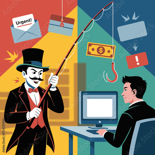 Man in a tuxedo phishing a computer user with a fishing rod and money as bait representing online scams and cybersecurity threats in a colorful and conceptual illustration about digital safety